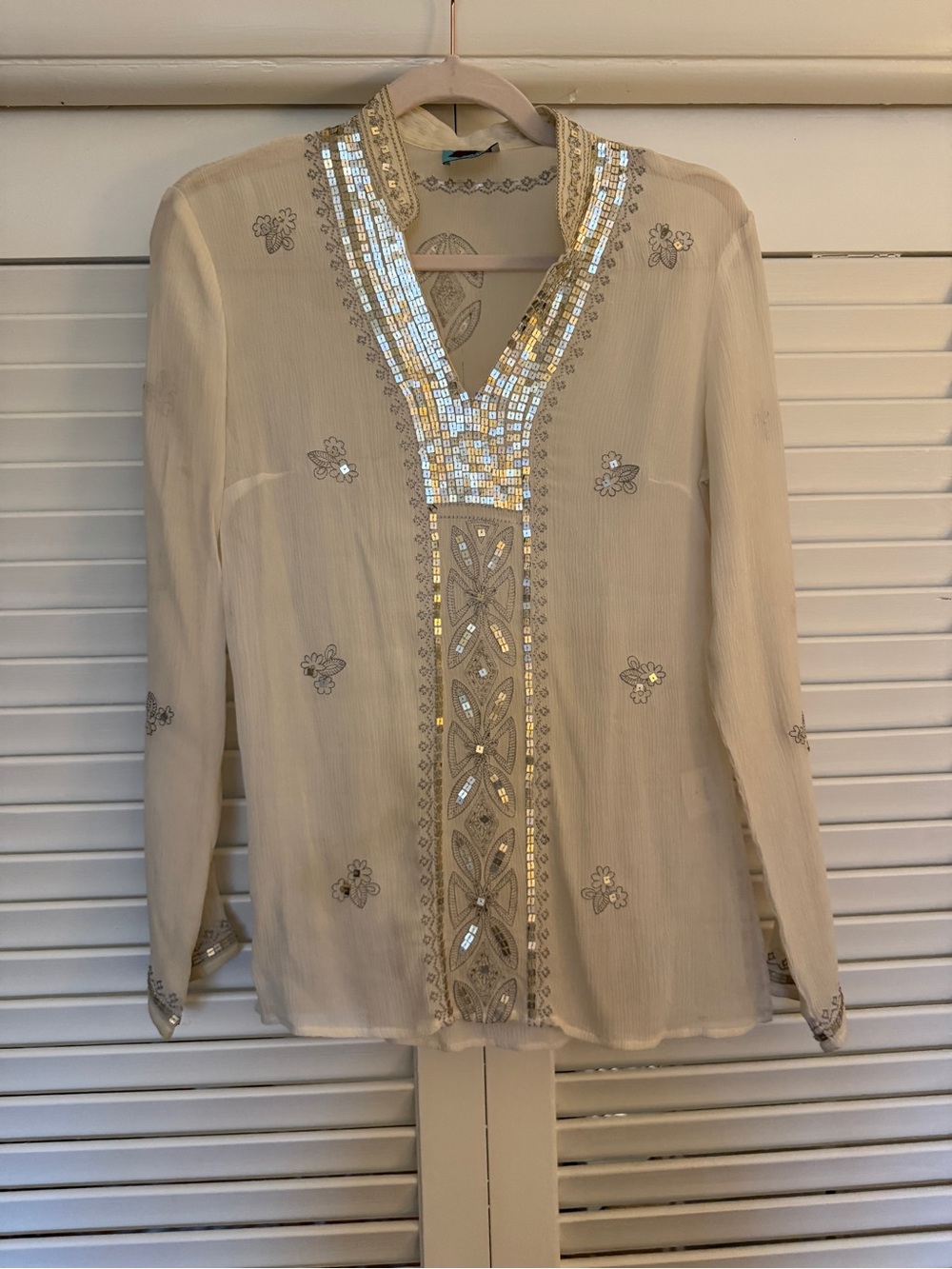Juliette Longuet Embellished Cream V-Neck Women's Tunic with Sequin Trim